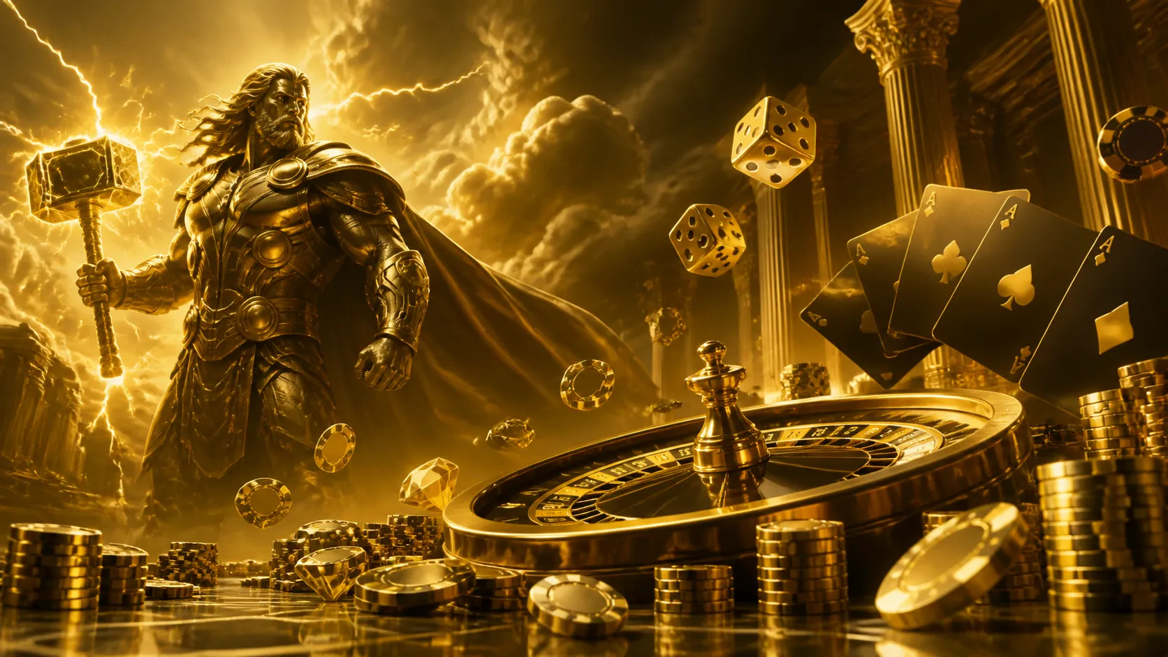 A cinematic Thor-themed luxury casino banner featuring poker chips, playing cards, and glowing dice in a vibrant duo-tone col