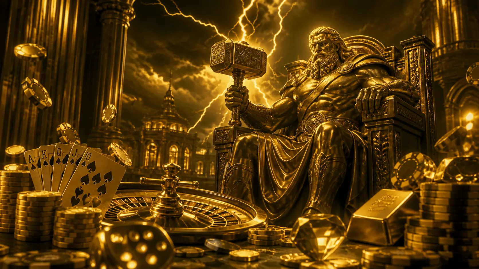 Viking-themed casino banner with poker chips, playing cards, and dice in dynamic composition, using two-color palette for lux